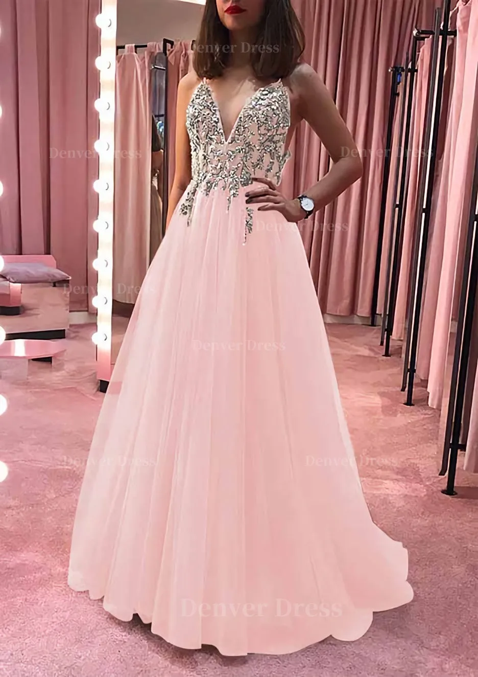 Princess V Neck Court Train Tulle Prom Dress With Appliqued Beading