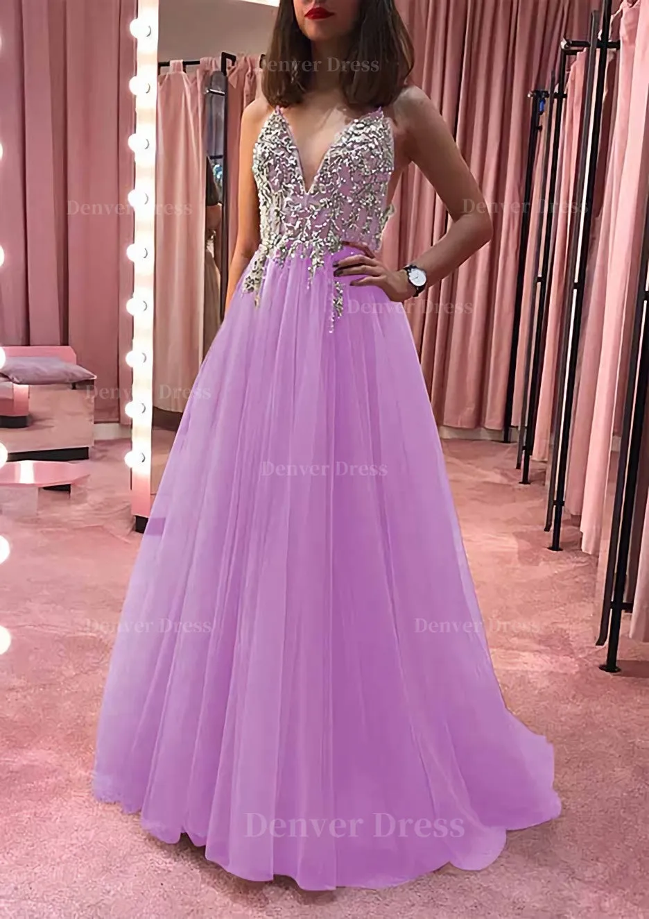 Princess V Neck Court Train Tulle Prom Dress With Appliqued Beading