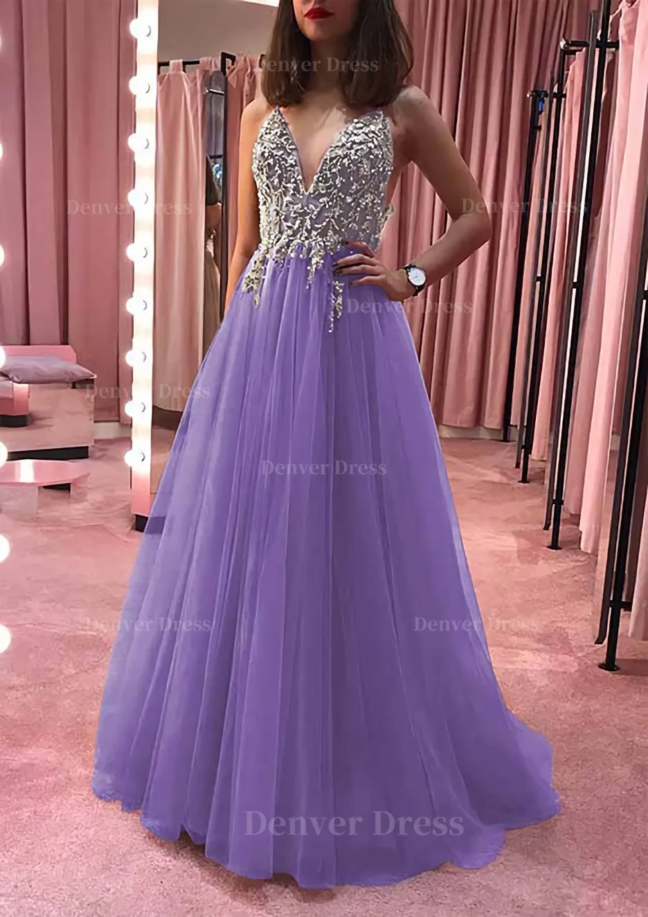 Princess V Neck Court Train Tulle Prom Dress With Appliqued Beading