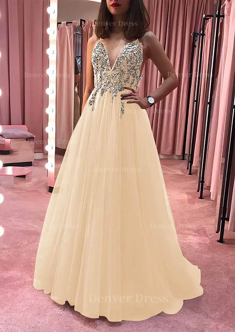 Princess V Neck Court Train Tulle Prom Dress With Appliqued Beading