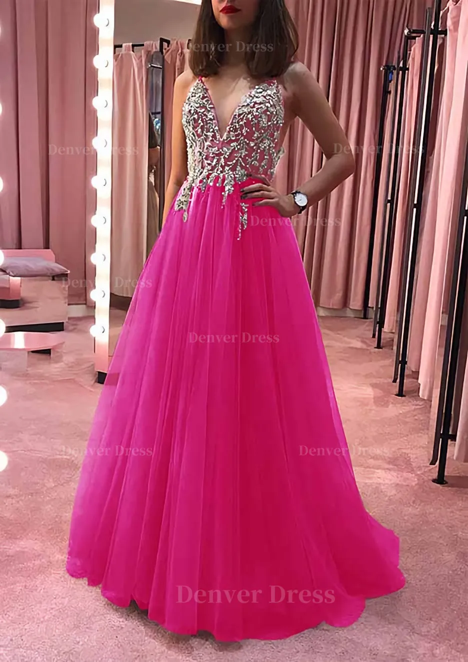 Princess V Neck Court Train Tulle Prom Dress With Appliqued Beading