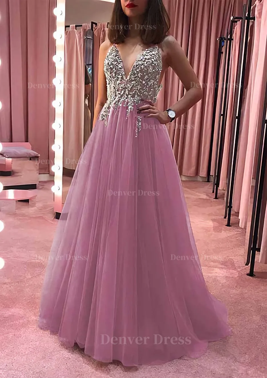 Princess V Neck Court Train Tulle Prom Dress With Appliqued Beading