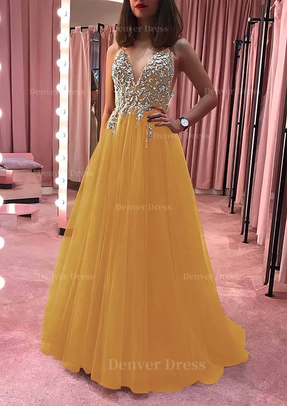 Princess V Neck Court Train Tulle Prom Dress With Appliqued Beading