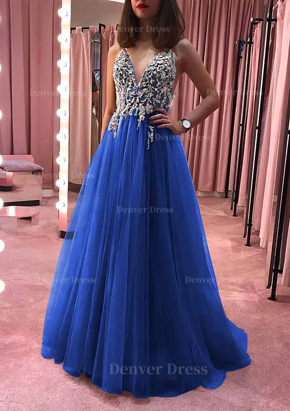 Princess V Neck Court Train Tulle Prom Dress With Appliqued Beading