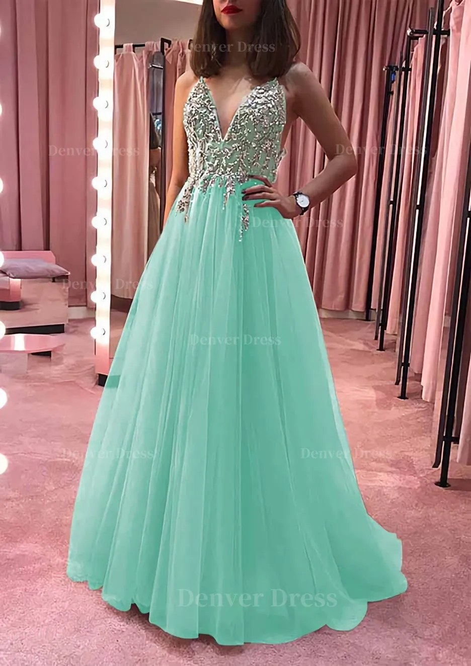 Princess V Neck Court Train Tulle Prom Dress With Appliqued Beading