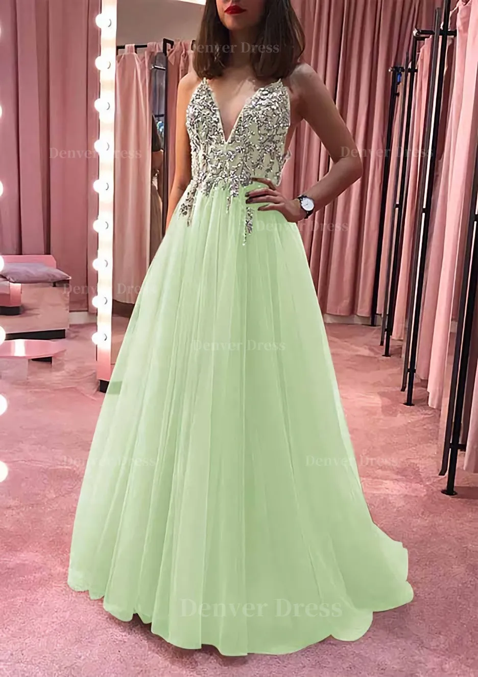 Princess V Neck Court Train Tulle Prom Dress With Appliqued Beading