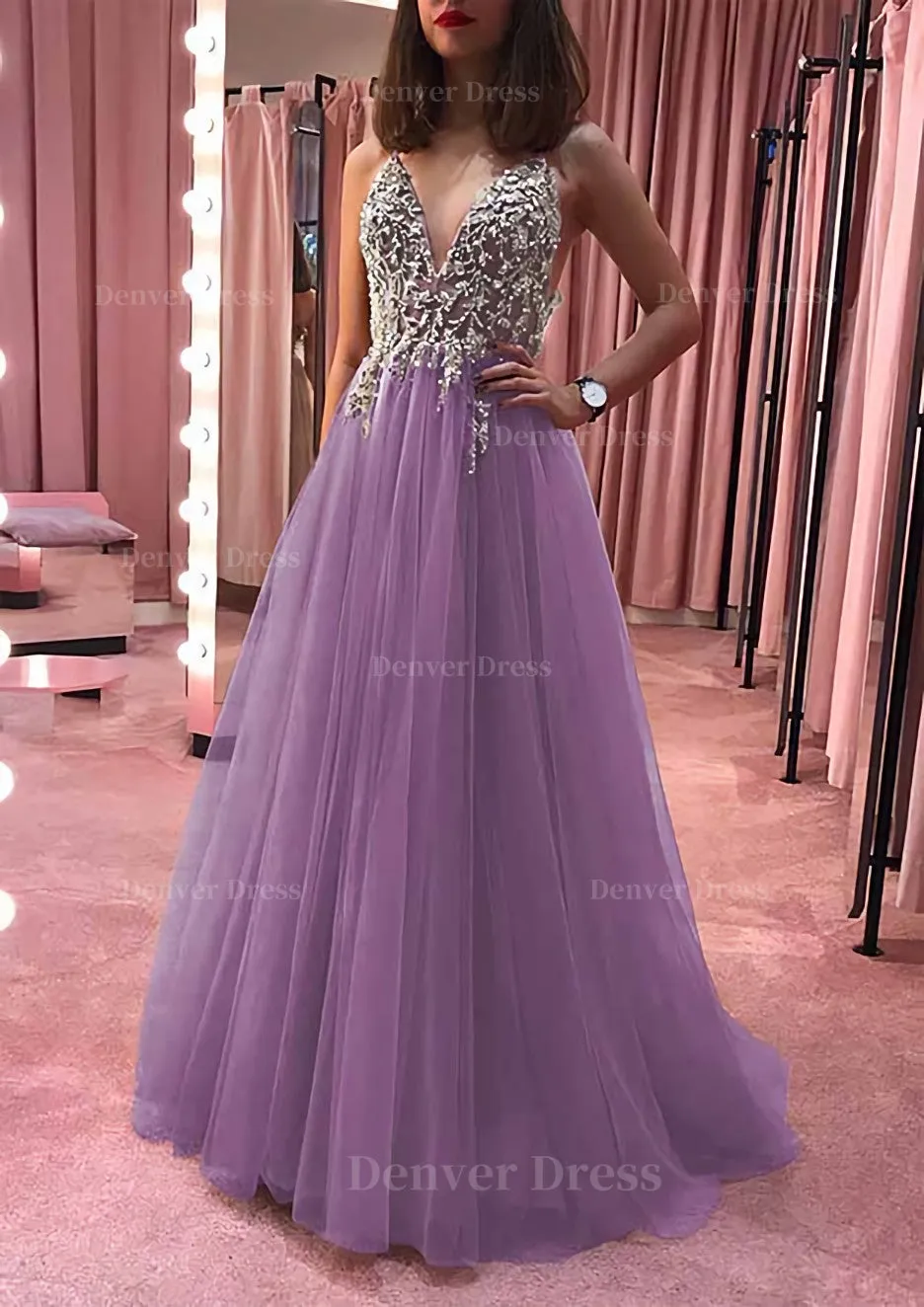 Princess V Neck Court Train Tulle Prom Dress With Appliqued Beading