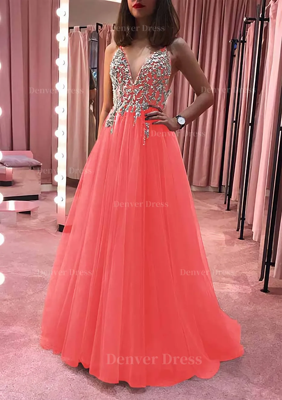 Princess V Neck Court Train Tulle Prom Dress With Appliqued Beading