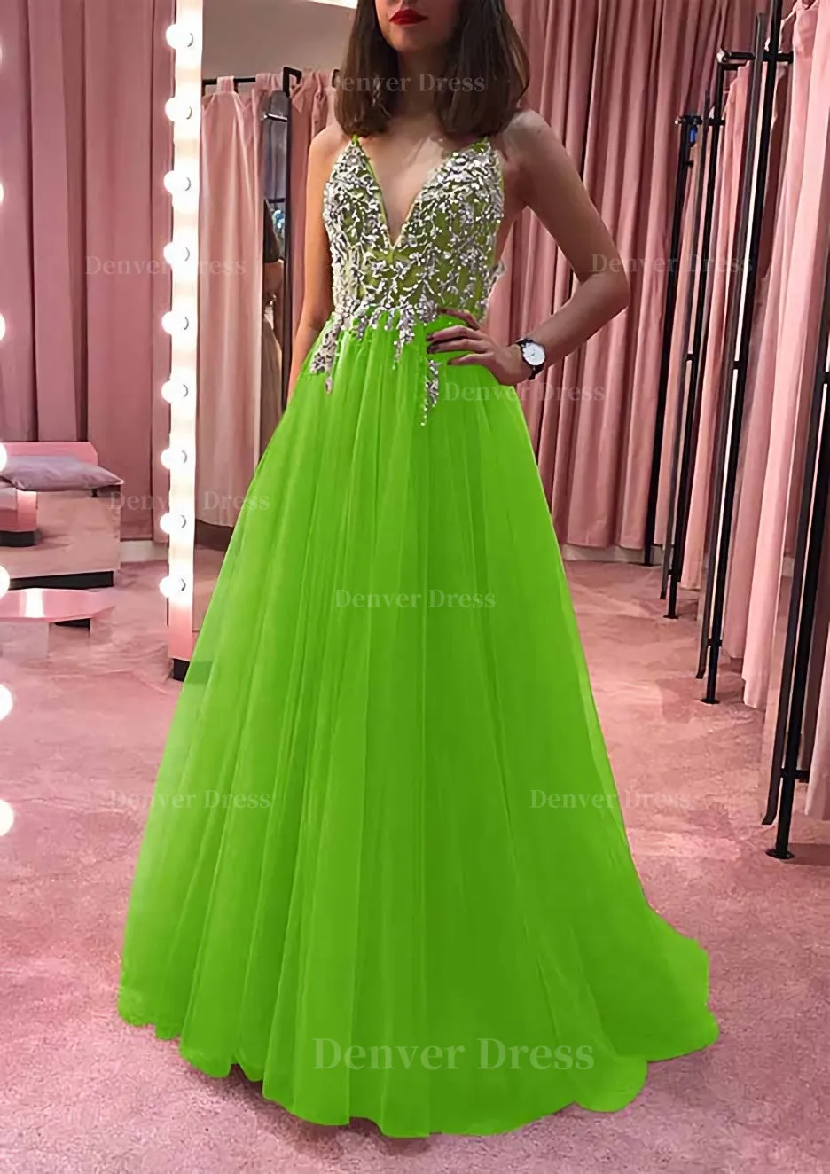 Princess V Neck Court Train Tulle Prom Dress With Appliqued Beading