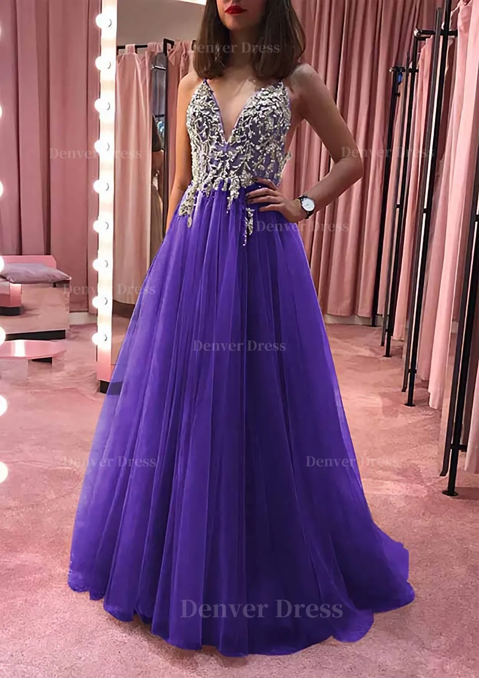 Princess V Neck Court Train Tulle Prom Dress With Appliqued Beading