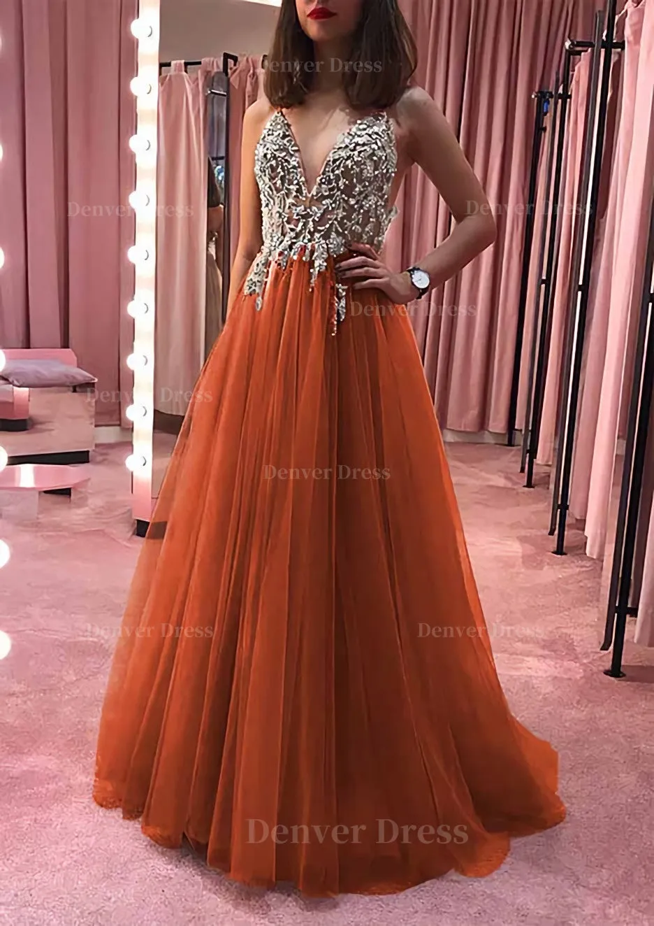 Princess V Neck Court Train Tulle Prom Dress With Appliqued Beading