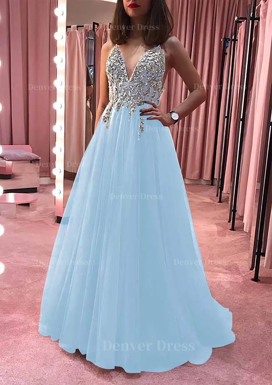 Princess V Neck Court Train Tulle Prom Dress With Appliqued Beading