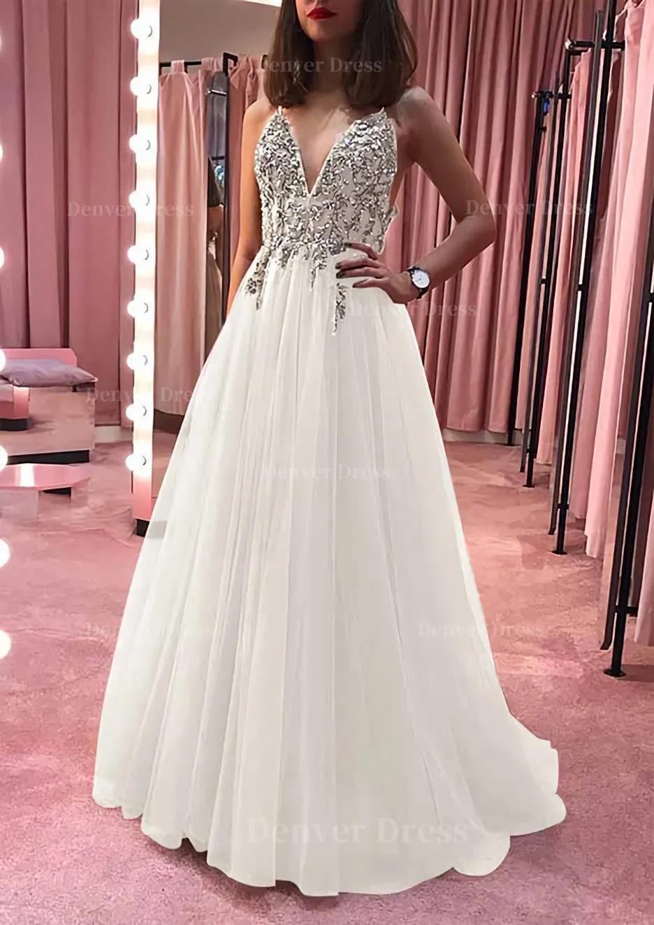 Princess V Neck Court Train Tulle Prom Dress With Appliqued Beading