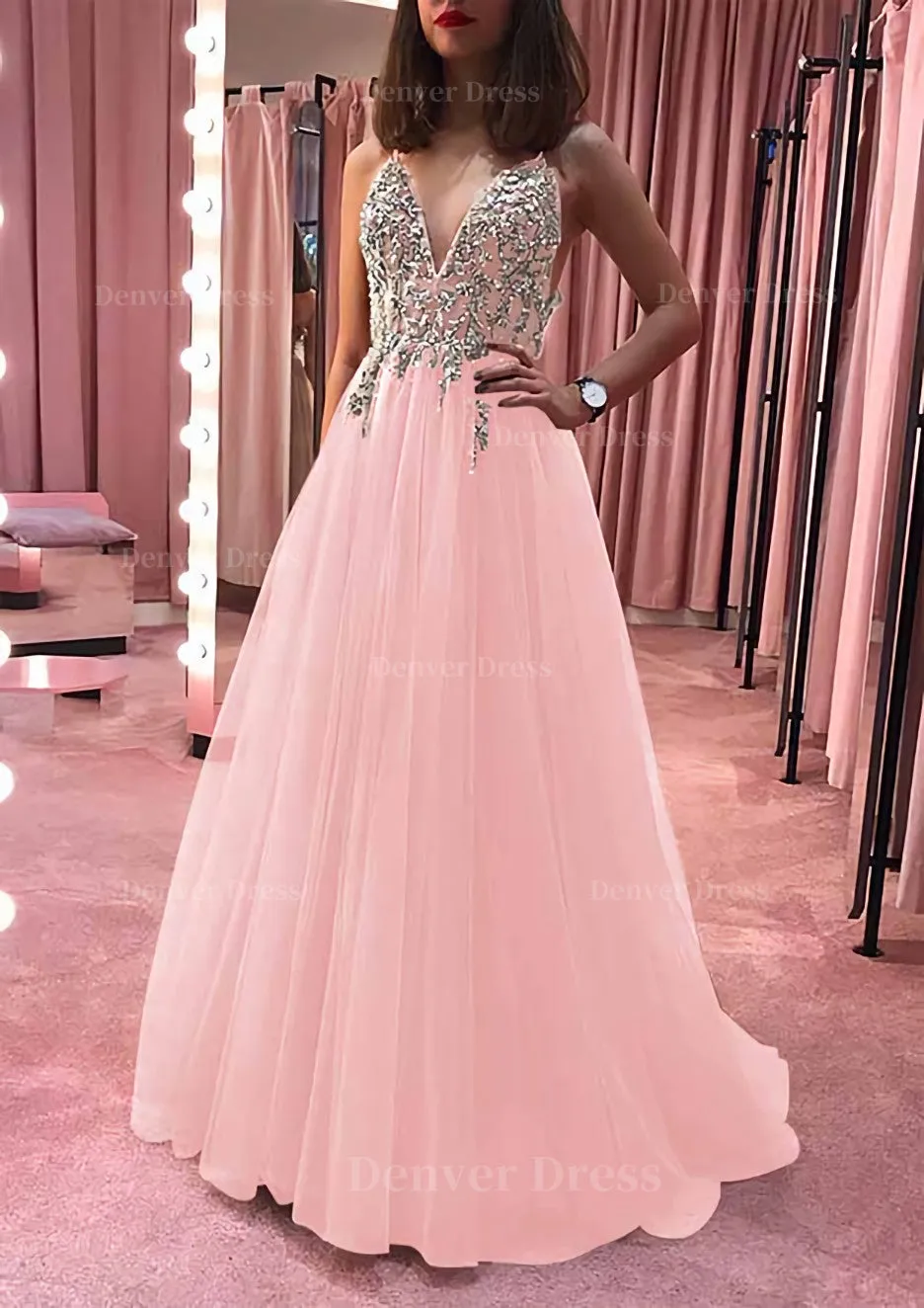 Princess V Neck Court Train Tulle Prom Dress With Appliqued Beading