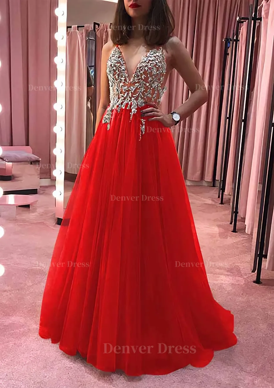 Princess V Neck Court Train Tulle Prom Dress With Appliqued Beading