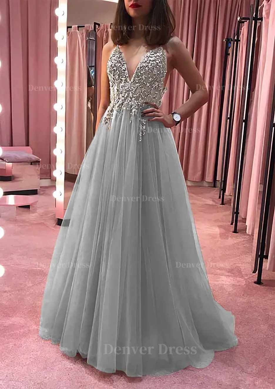 Princess V Neck Court Train Tulle Prom Dress With Appliqued Beading