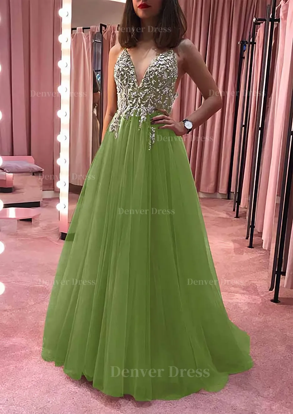 Princess V Neck Court Train Tulle Prom Dress With Appliqued Beading