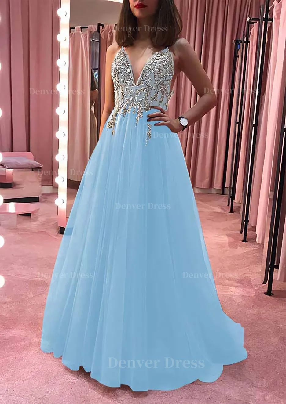 Princess V Neck Court Train Tulle Prom Dress With Appliqued Beading