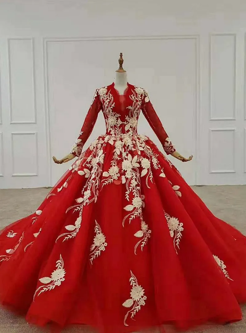 Red Ball Gown Tulle Appliques Long Sleeve Beading Wedding With Train