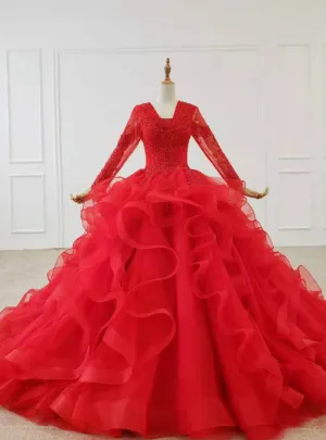 Red Ball Gown V-neck Long Sleeve Beading Wedding Dress