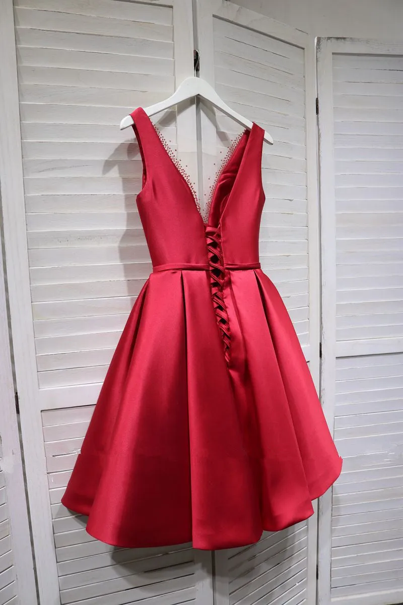 Red Satin V-neckline Knee Length Homecoming Dress Red Short Prom Dress