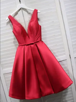 Red Satin V-neckline Knee Length Homecoming Dress Red Short Prom Dress