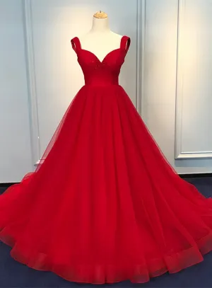 Red Sweetheart Straps Long Ball Gown Evening Dress, Red Tulle Prom Dress