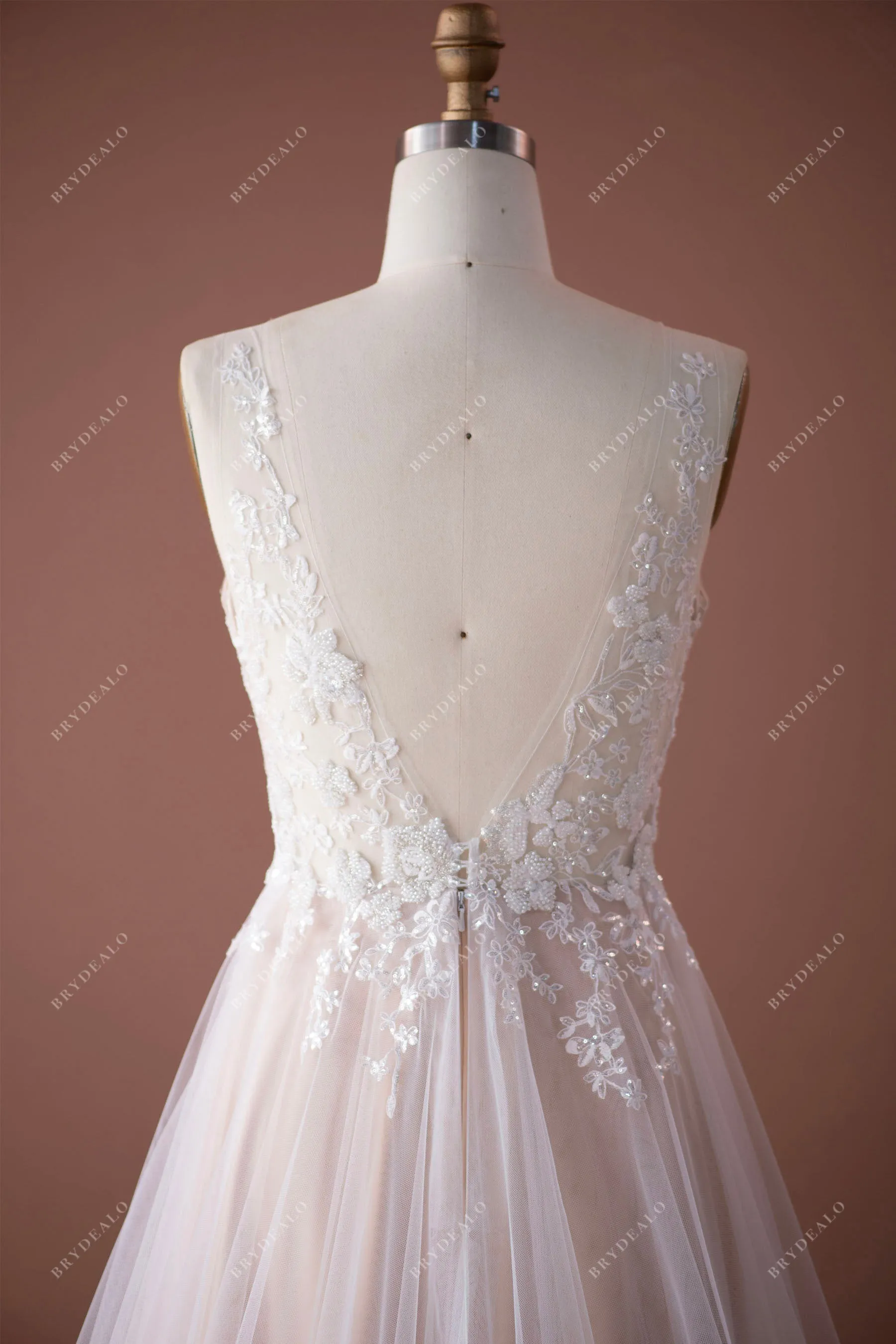 Romantic Beaded Lace Illusion Neck Nude Beige Wedding Dress