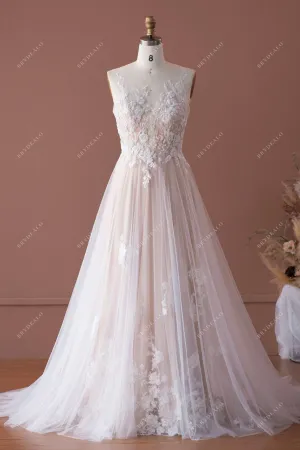 Romantic Beaded Lace Illusion Neck Nude Beige Wedding Dress