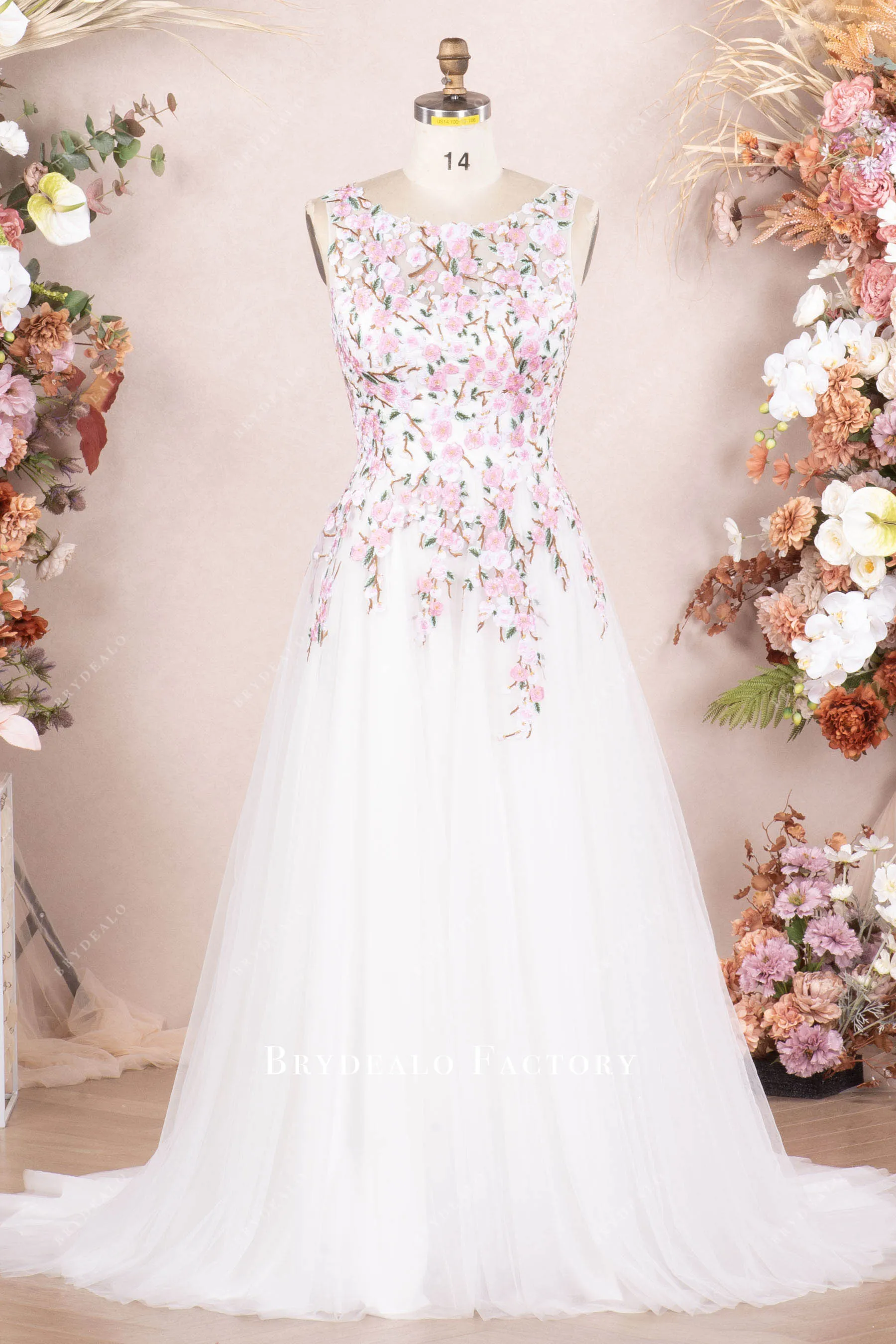 Romantic Pink Flower Cape A-line Spring Wedding Dress