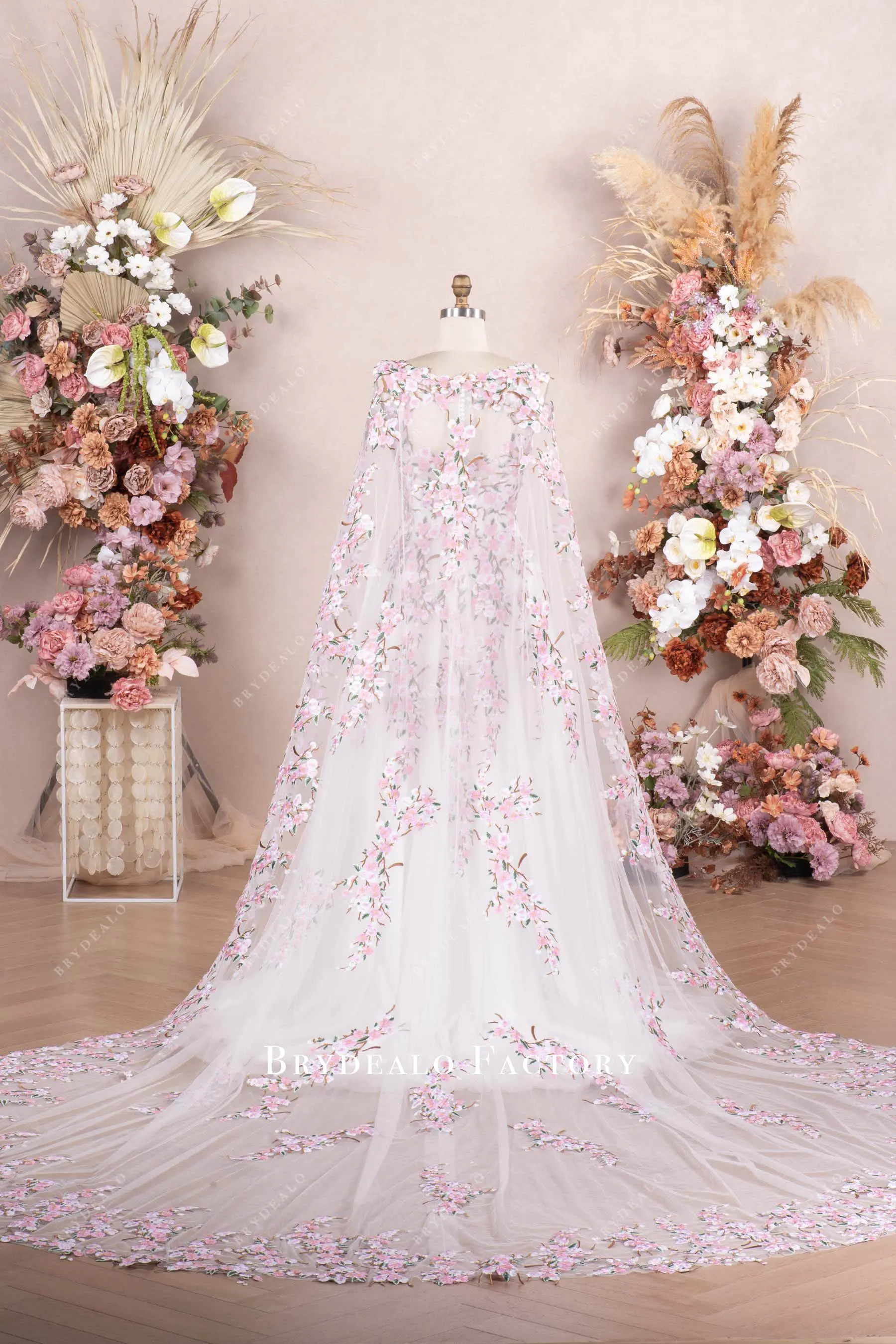 Romantic Pink Flower Cape A-line Spring Wedding Dress