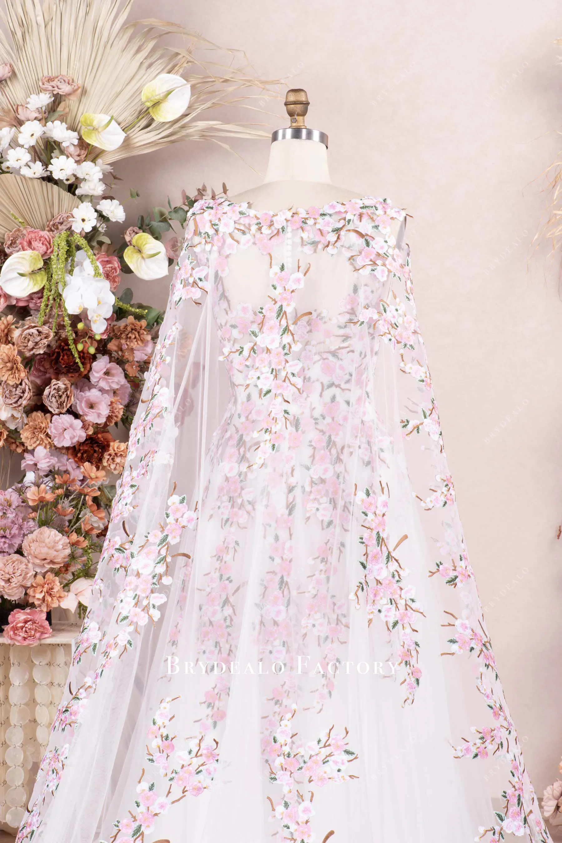 Romantic Pink Flower Cape A-line Spring Wedding Dress