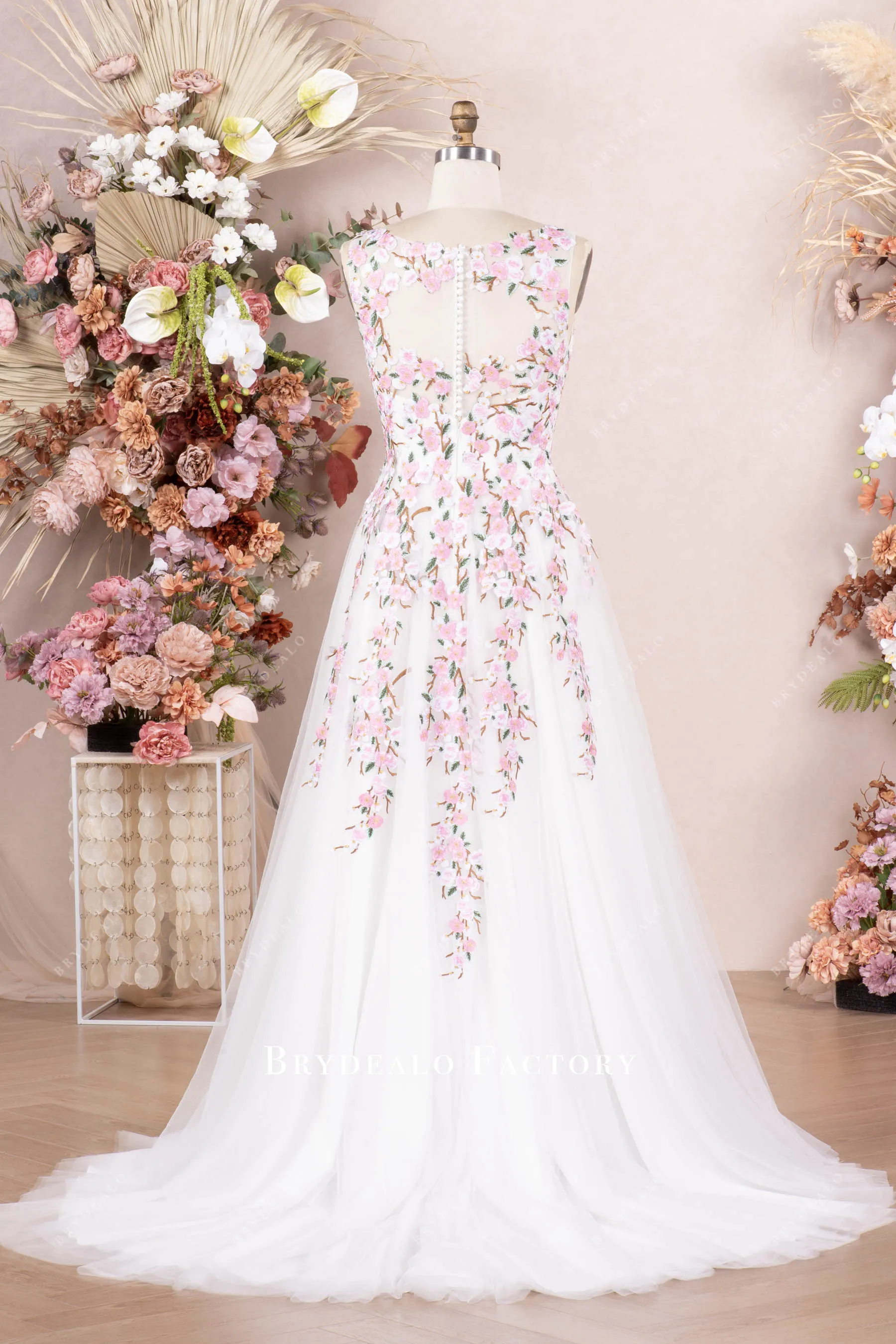 Romantic Pink Flower Cape A-line Spring Wedding Dress