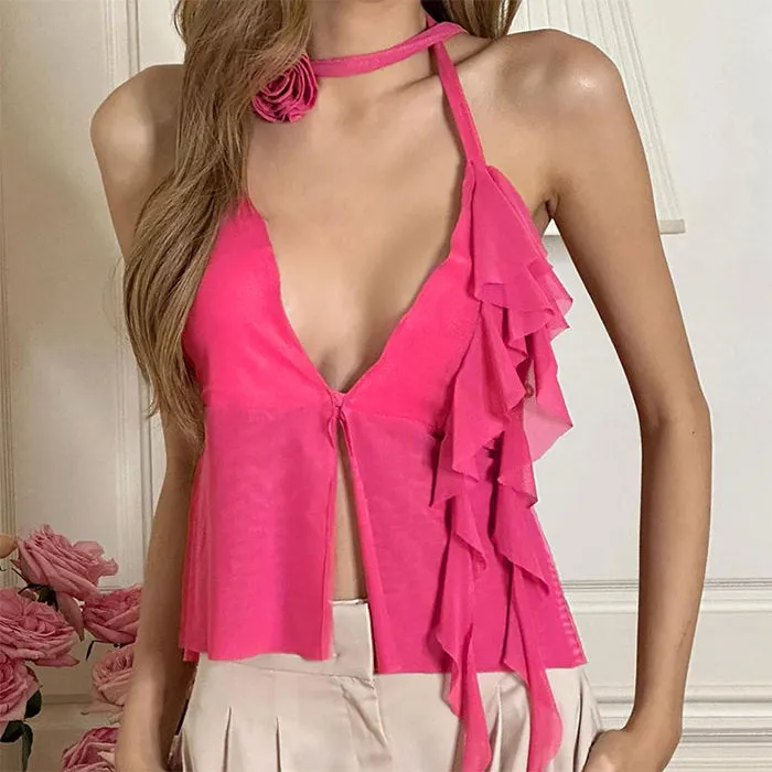 Rose Choker Ruffled Asymmetric Top