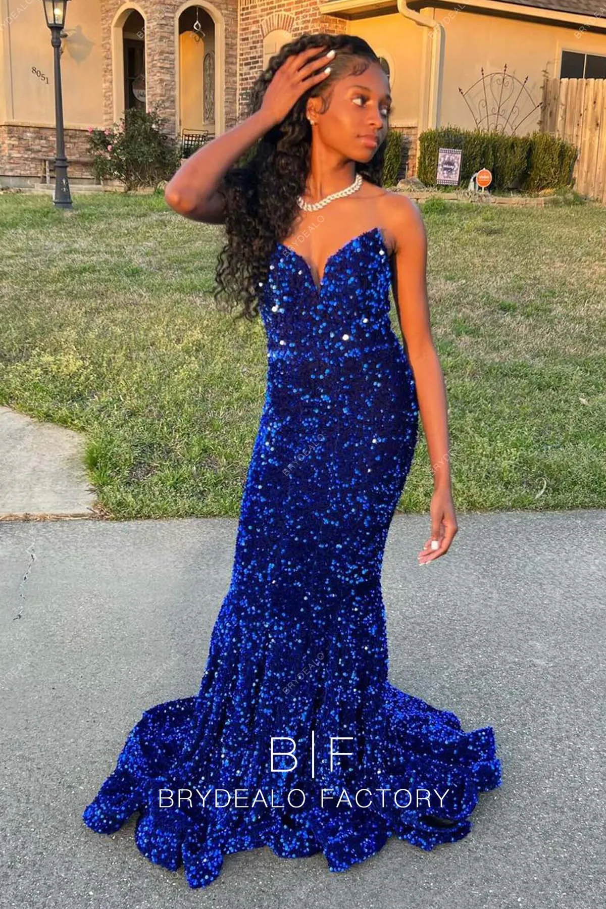 Royal Blue Sequins Strapless Court Train Mermaid Prom Dress