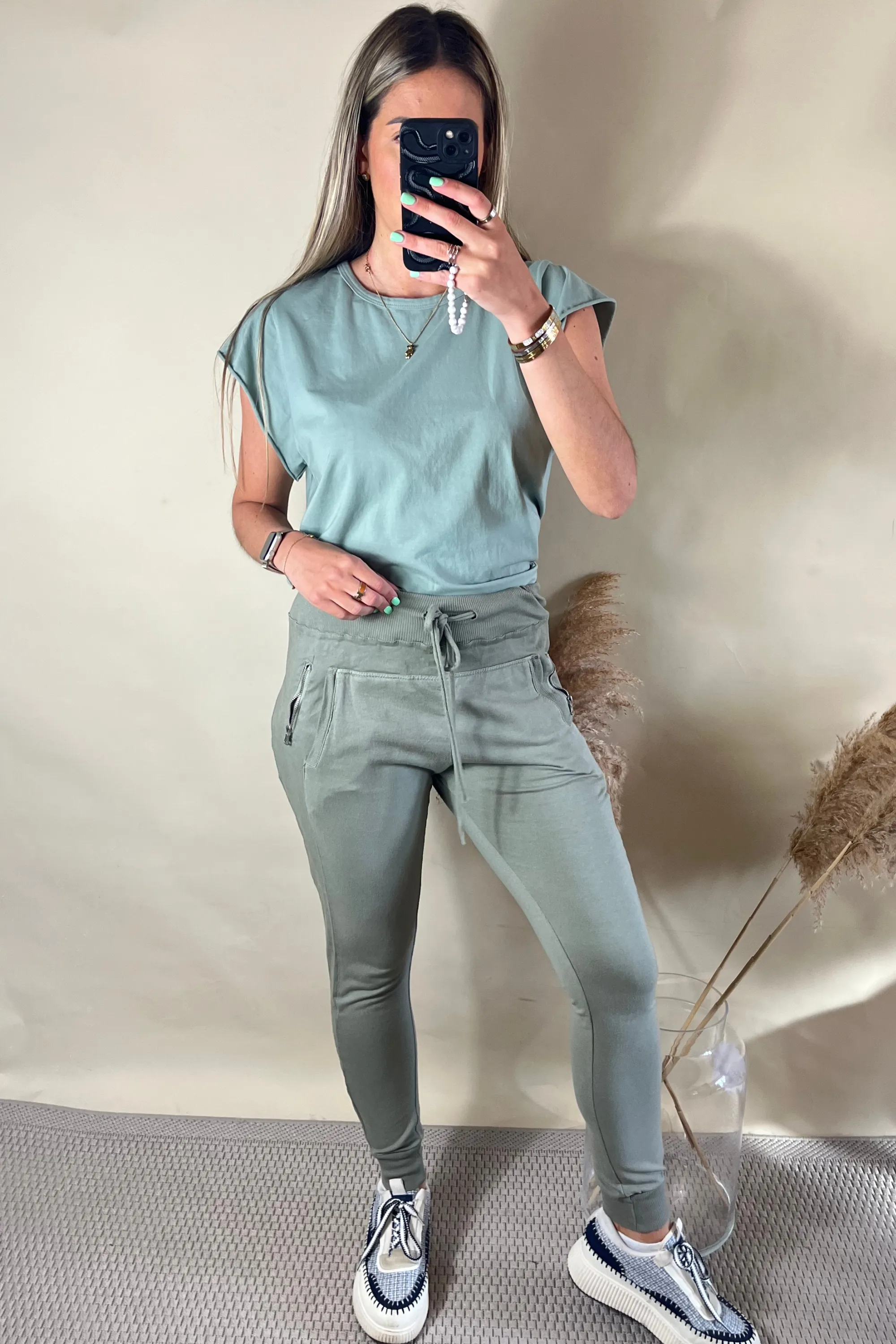 Sage green basic round neck top