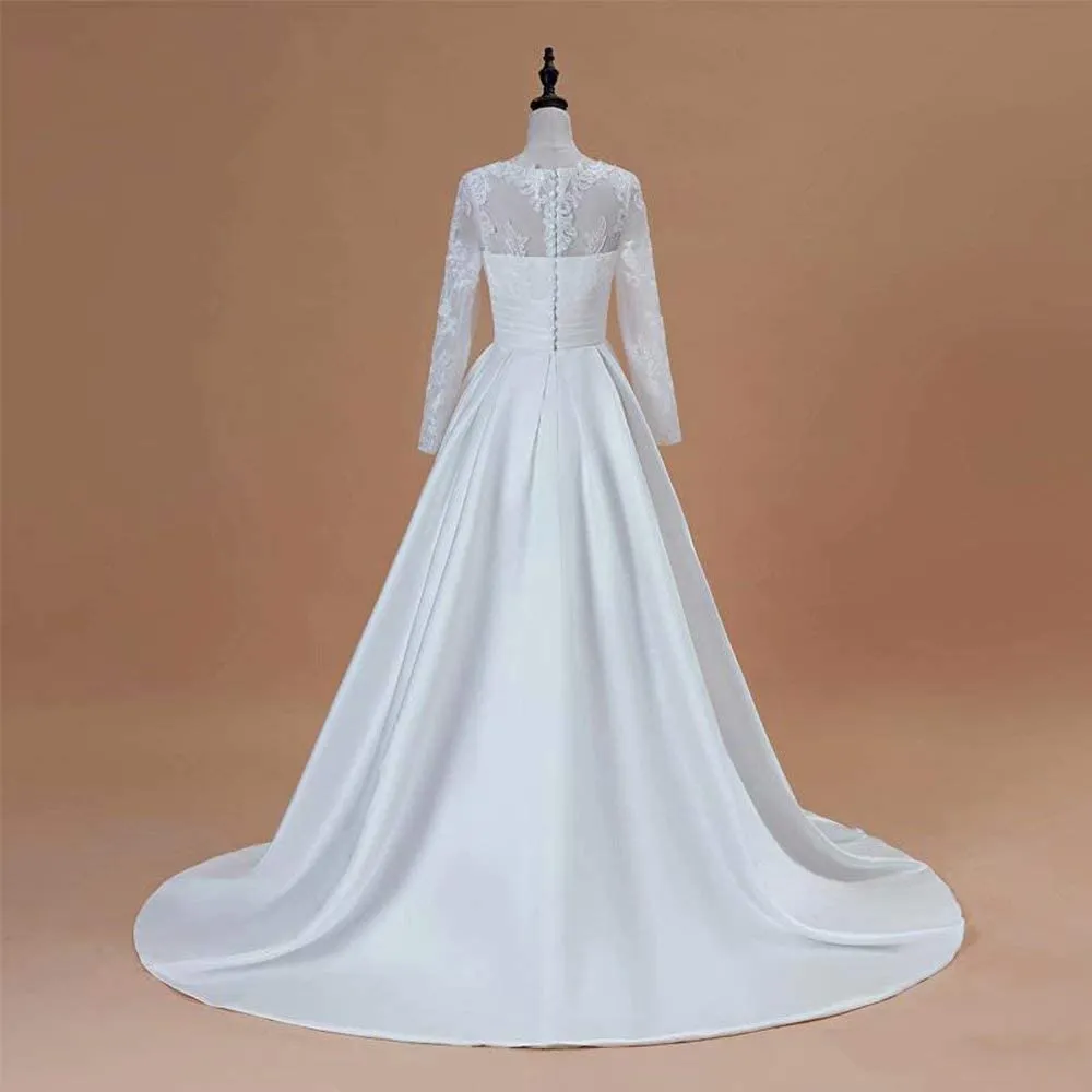 Satin & Lace Modest Long Sleeve A Line Wedding Bridal Dress With Pockets