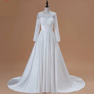 Satin & Lace Modest Long Sleeve A Line Wedding Bridal Dress With Pockets