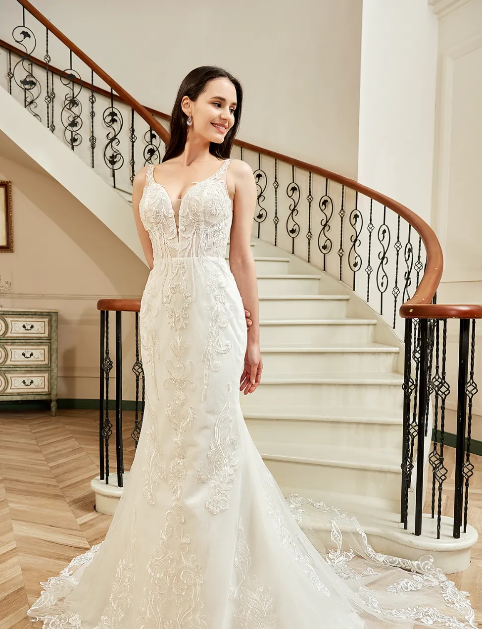 Sequin Beaded Illusion Back Wedding Dress With Long Lace Tulle Train