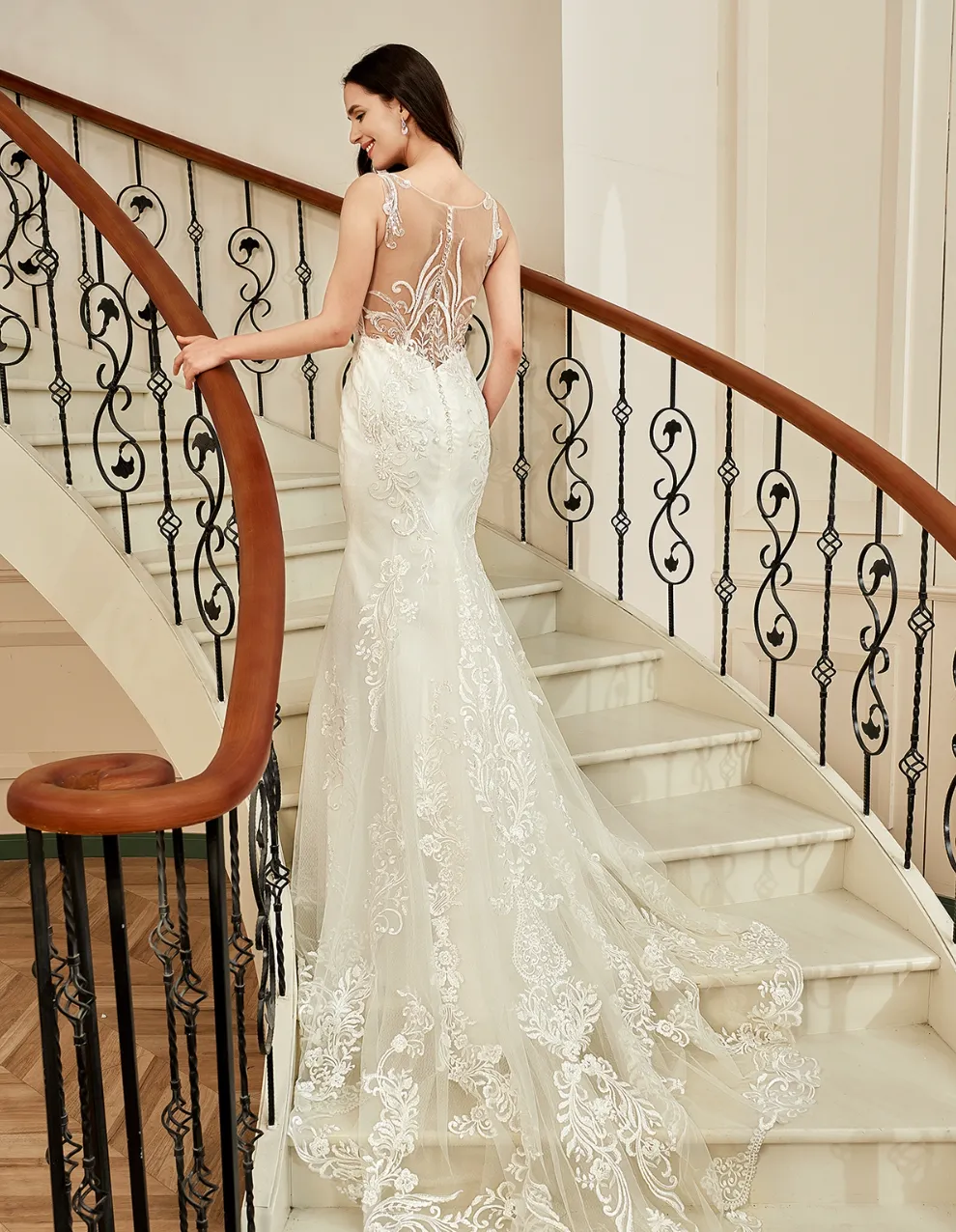 Sequin Beaded Illusion Back Wedding Dress With Long Lace Tulle Train