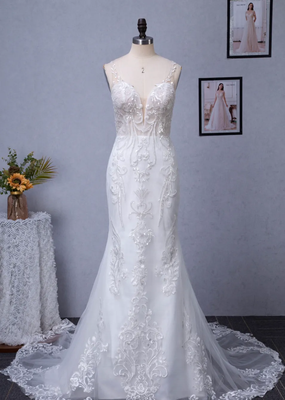 Sequin Beaded Illusion Back Wedding Dress With Long Lace Tulle Train