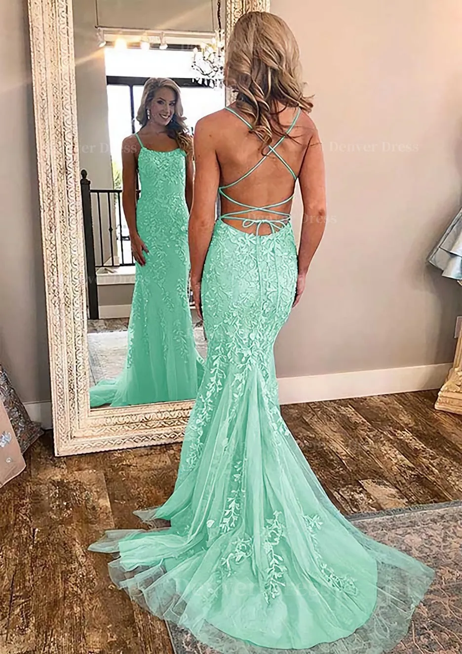 Sheath/Column Square Neckline Sleeveless Court Train Lace Prom Dress With Appliqued