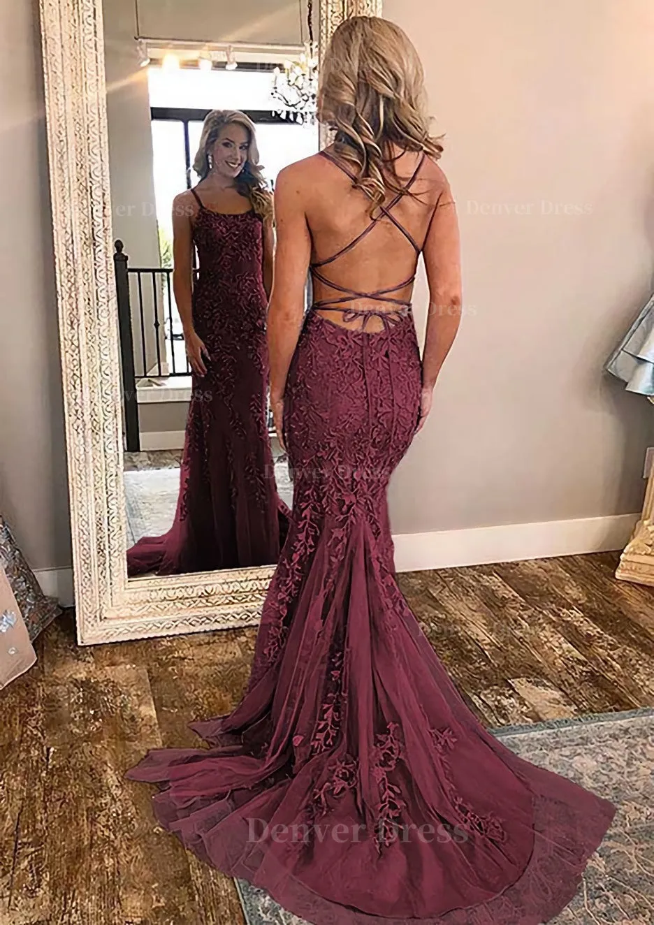 Sheath/Column Square Neckline Sleeveless Court Train Lace Prom Dress With Appliqued