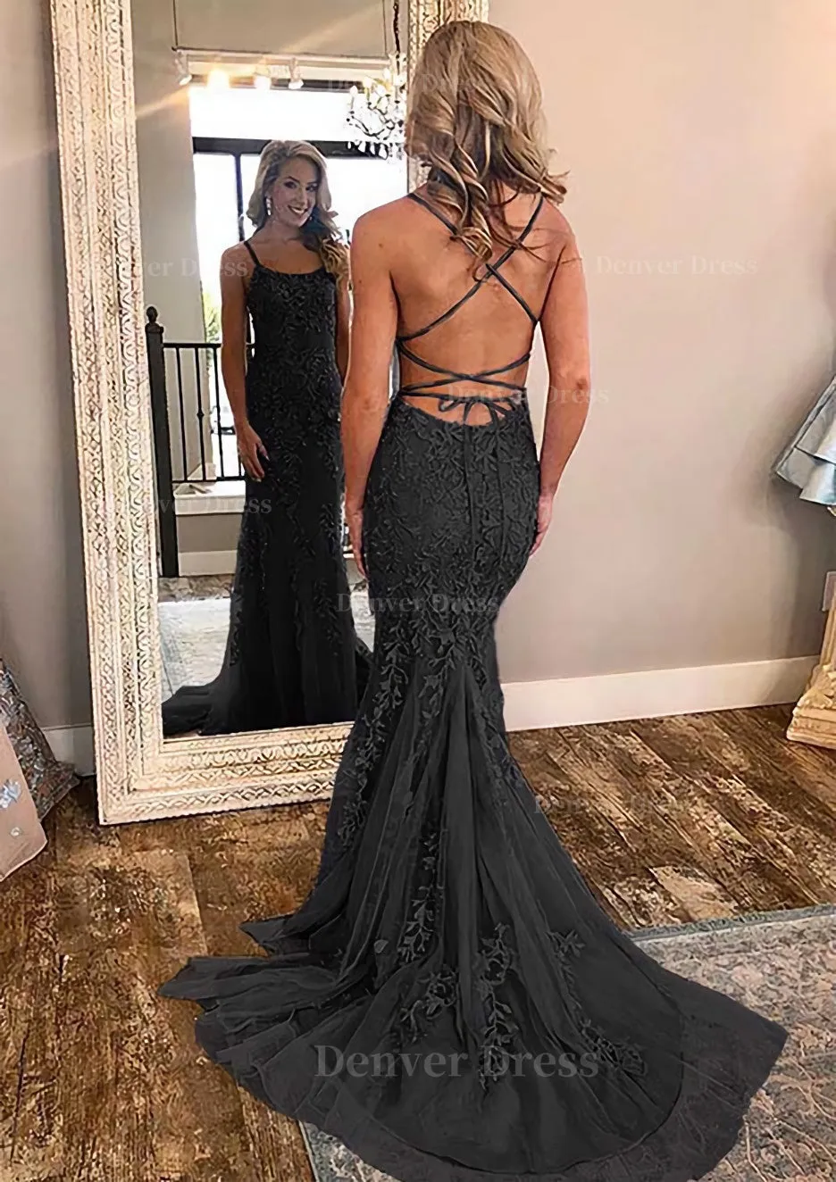 Sheath/Column Square Neckline Sleeveless Court Train Lace Prom Dress With Appliqued