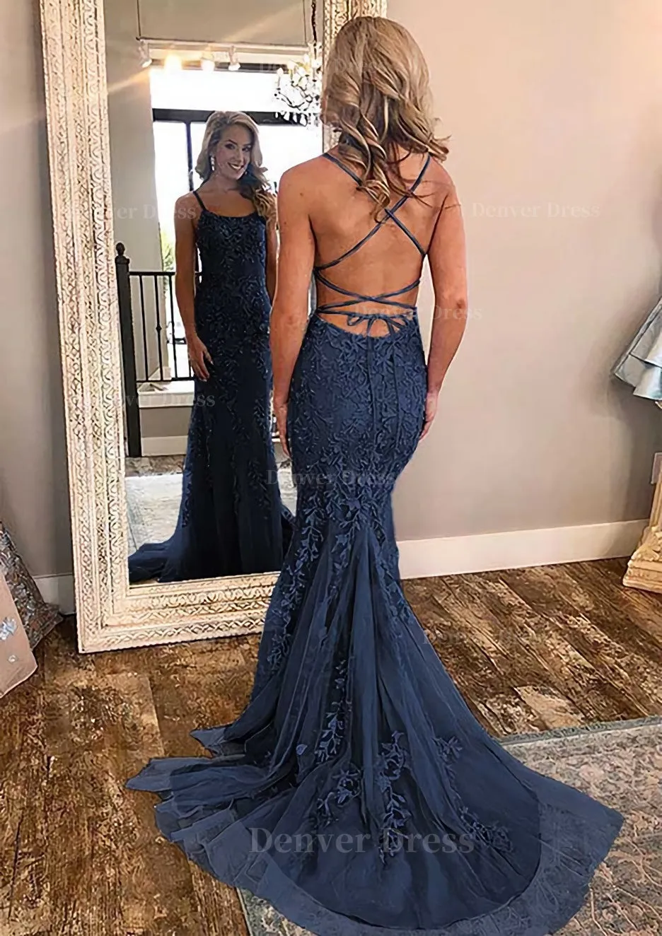 Sheath/Column Square Neckline Sleeveless Court Train Lace Prom Dress With Appliqued