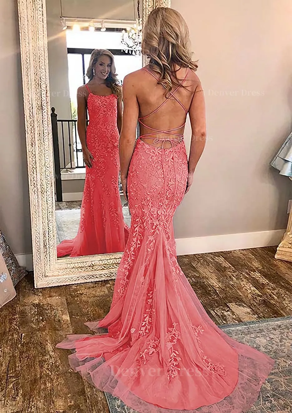 Sheath/Column Square Neckline Sleeveless Court Train Lace Prom Dress With Appliqued