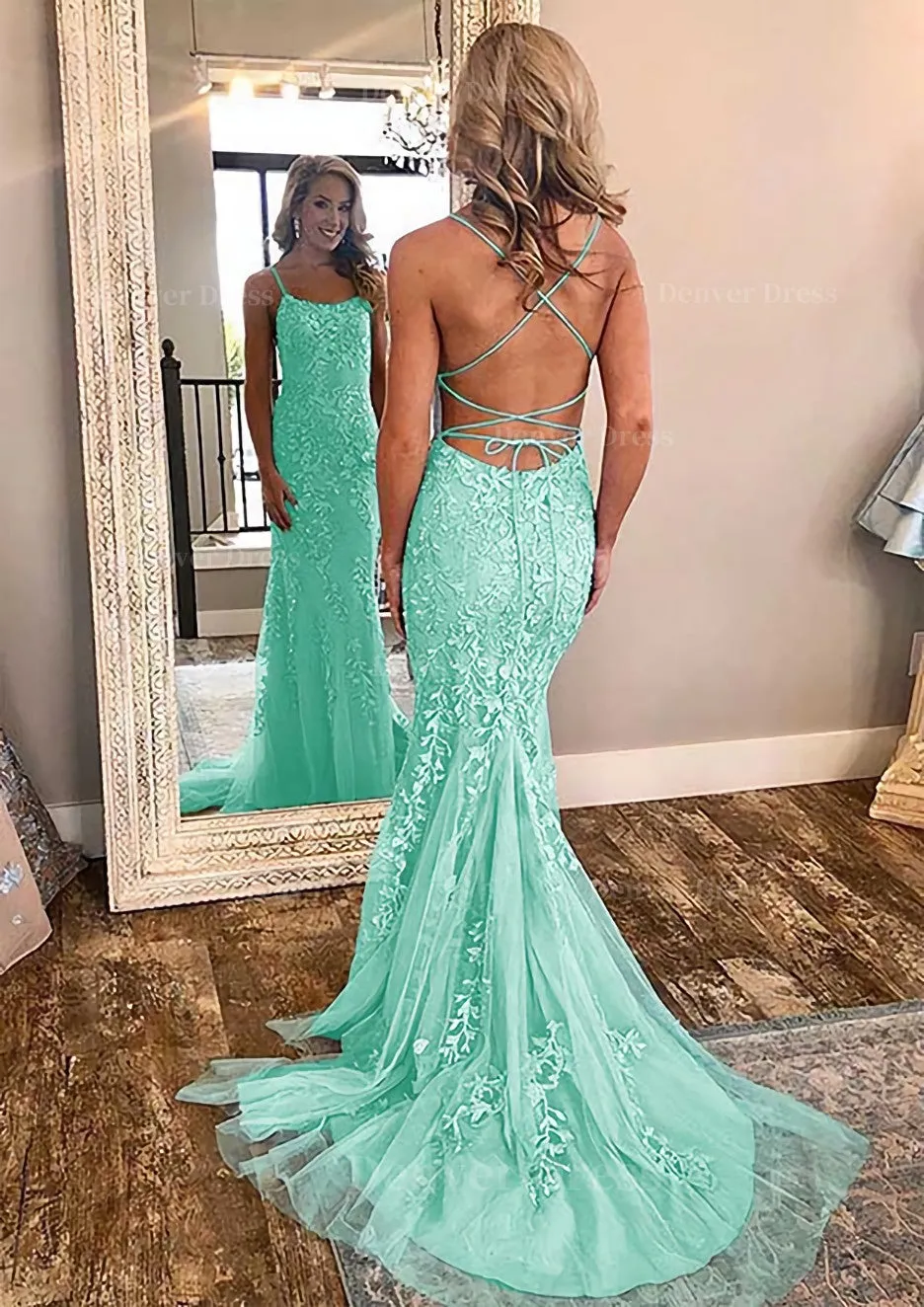 Sheath/Column Square Neckline Sleeveless Court Train Lace Prom Dress With Appliqued