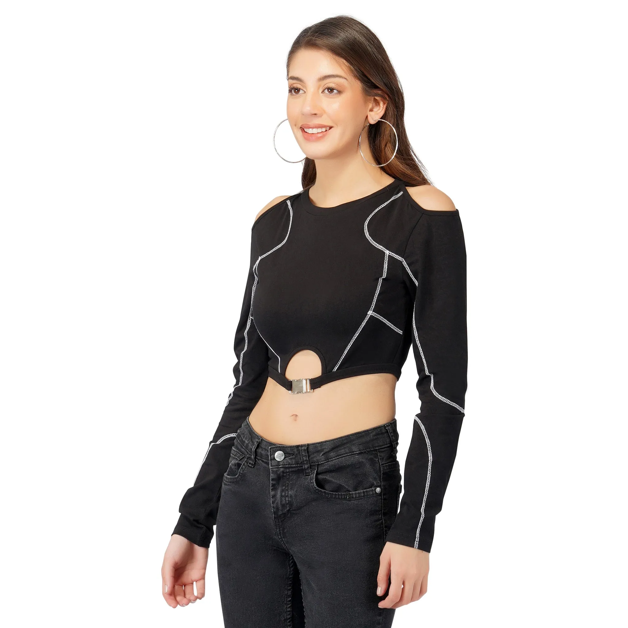 SLAY. Women's Gothic Dark Panelled Full Sleeves Off Shoulder Midriff Crop top