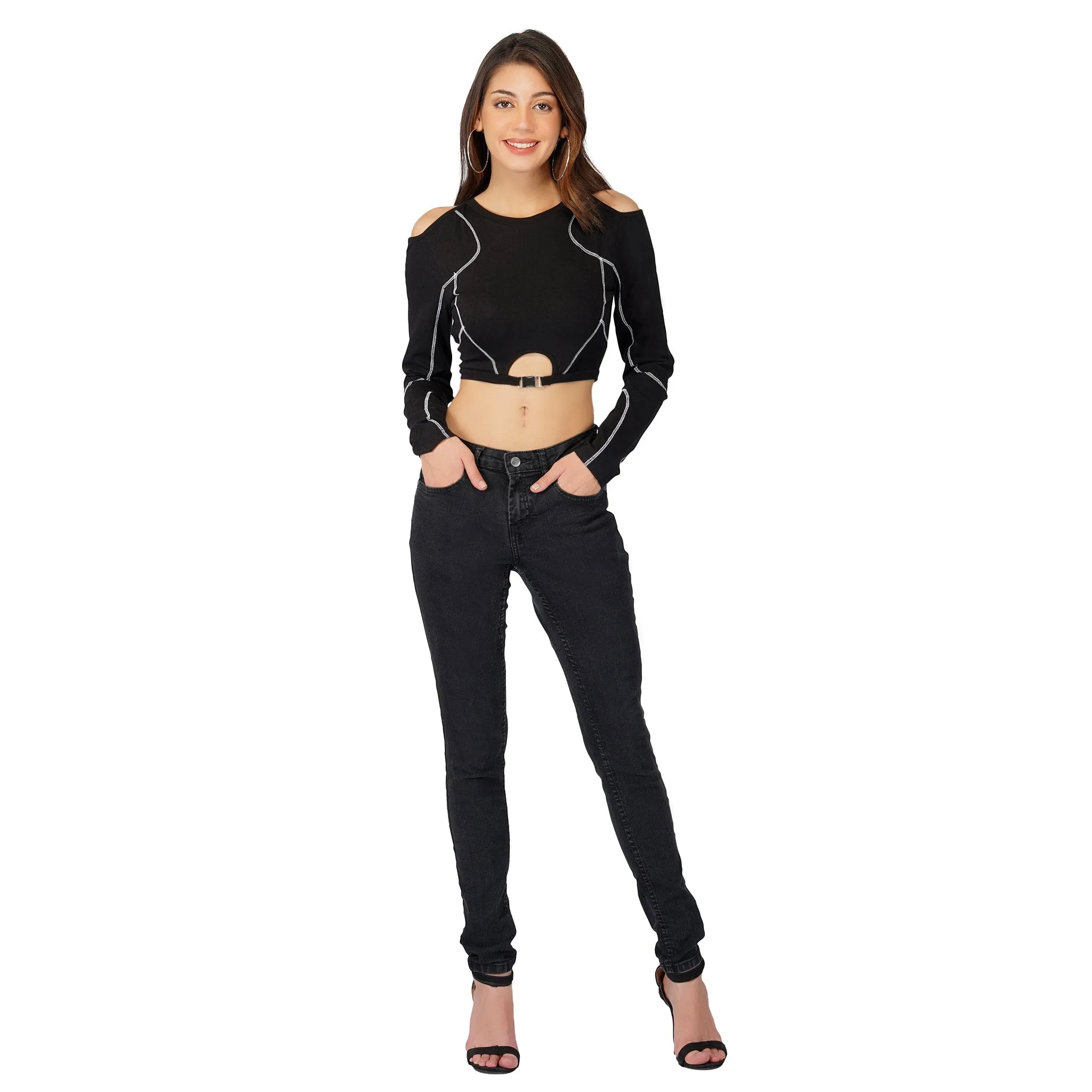 SLAY. Women's Gothic Dark Panelled Full Sleeves Off Shoulder Midriff Crop top