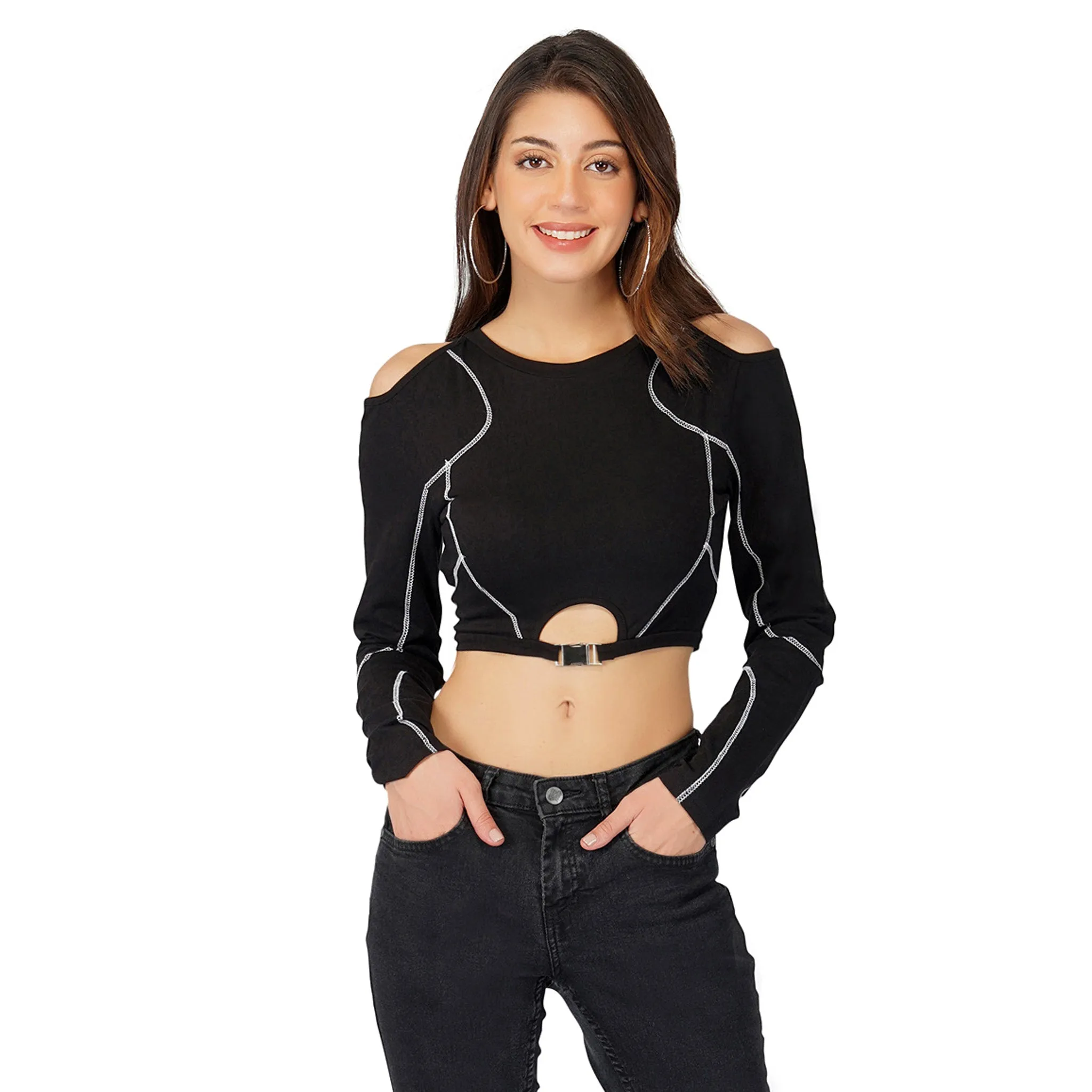 SLAY. Women's Gothic Dark Panelled Full Sleeves Off Shoulder Midriff Crop top